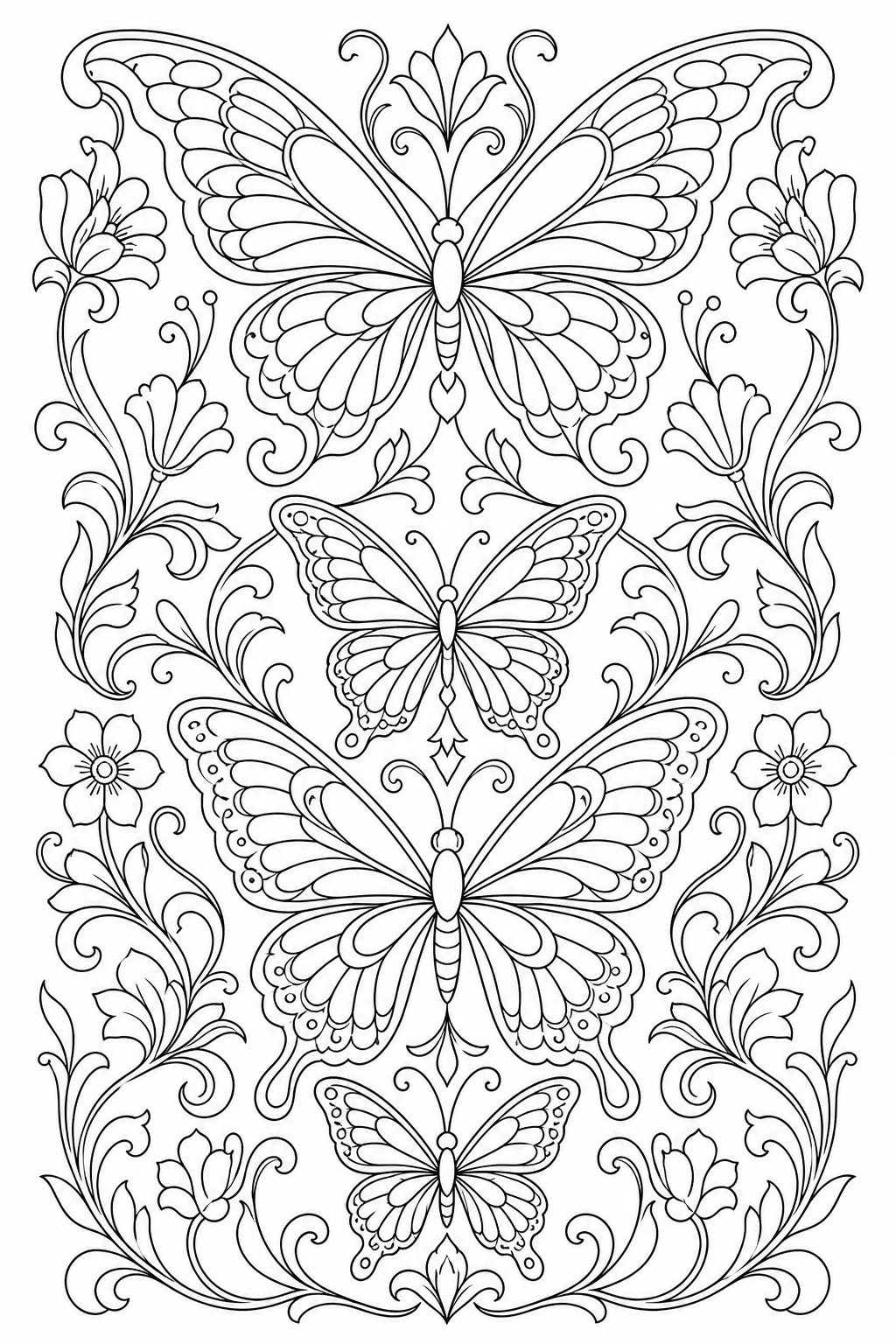 Black-and-white printable coloring page showing a butterfly pattern connected through one continuous visual path.