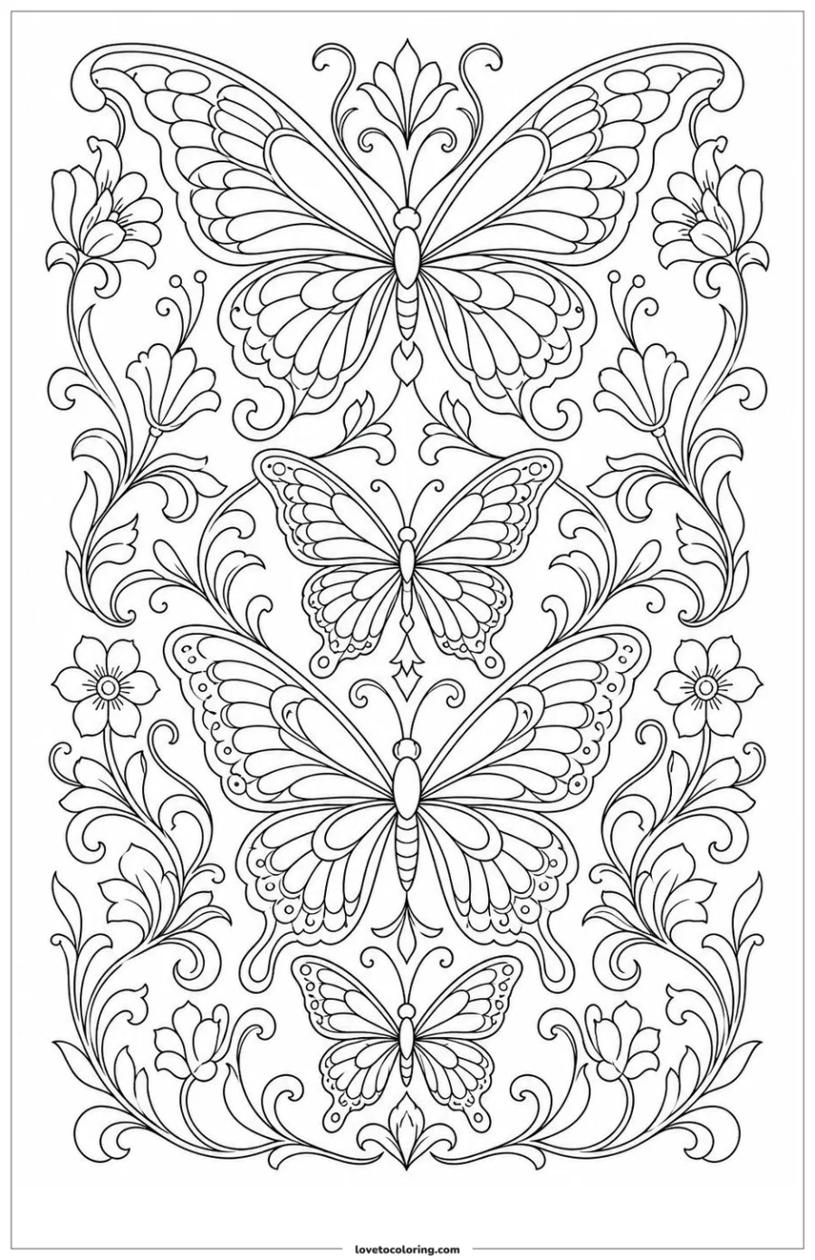 Black-and-white printable coloring page showing a butterfly pattern connected through one continuous visual path.