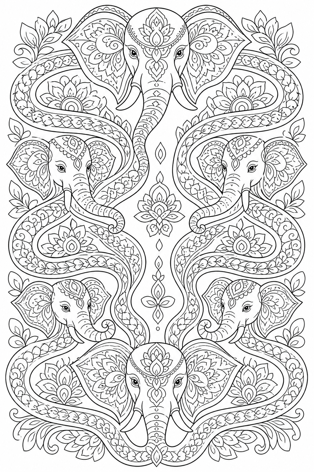 Black-and-white printable coloring page showing an elephant pattern woven through broad flowing bands.