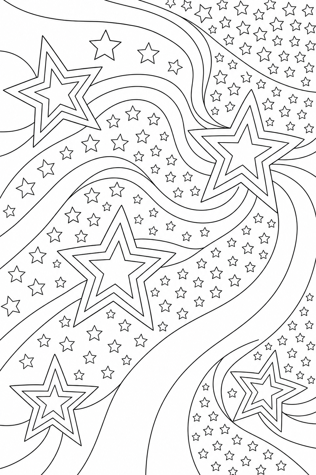 Black-and-white printable coloring page showing symmetrical stars woven through broad flowing bands.
