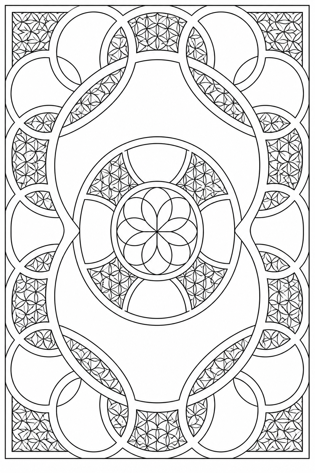 Black-and-white printable coloring page showing an interlocking circles alternating between dense and open sections.