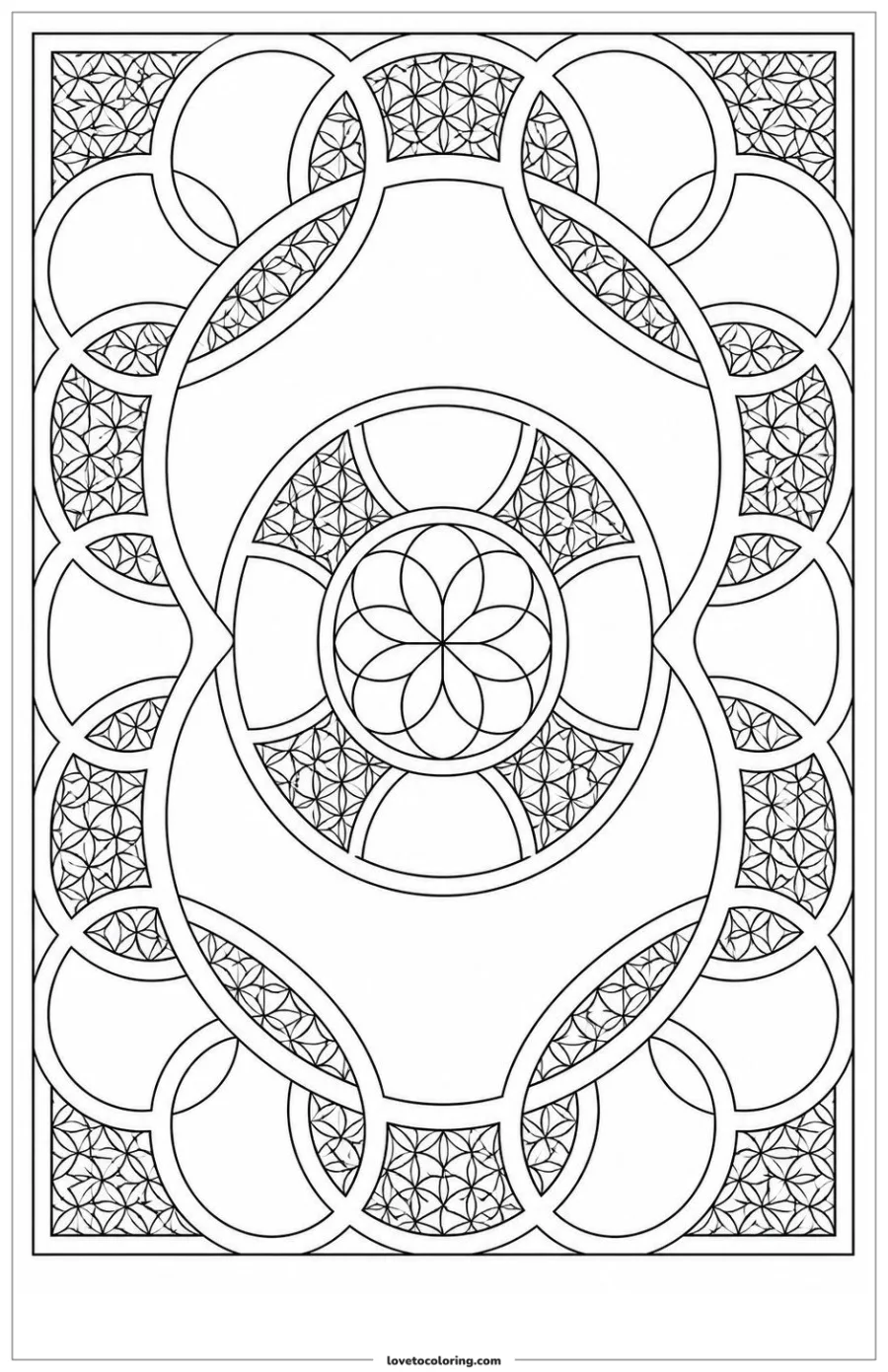 Black-and-white printable coloring page showing an interlocking circles alternating between dense and open sections.