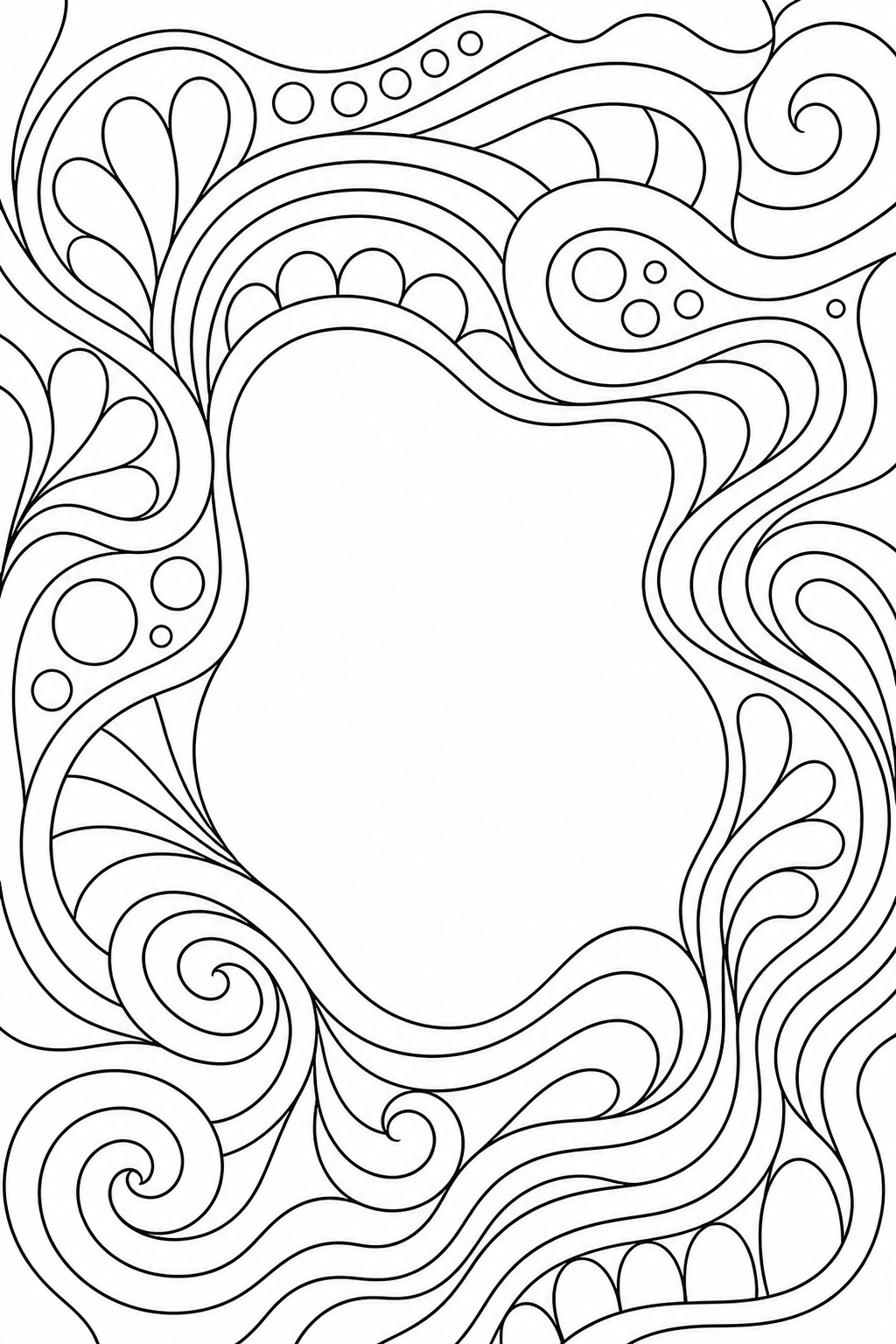 Black-and-white printable coloring page showing a flowing meditative doodle design around a calm open center.