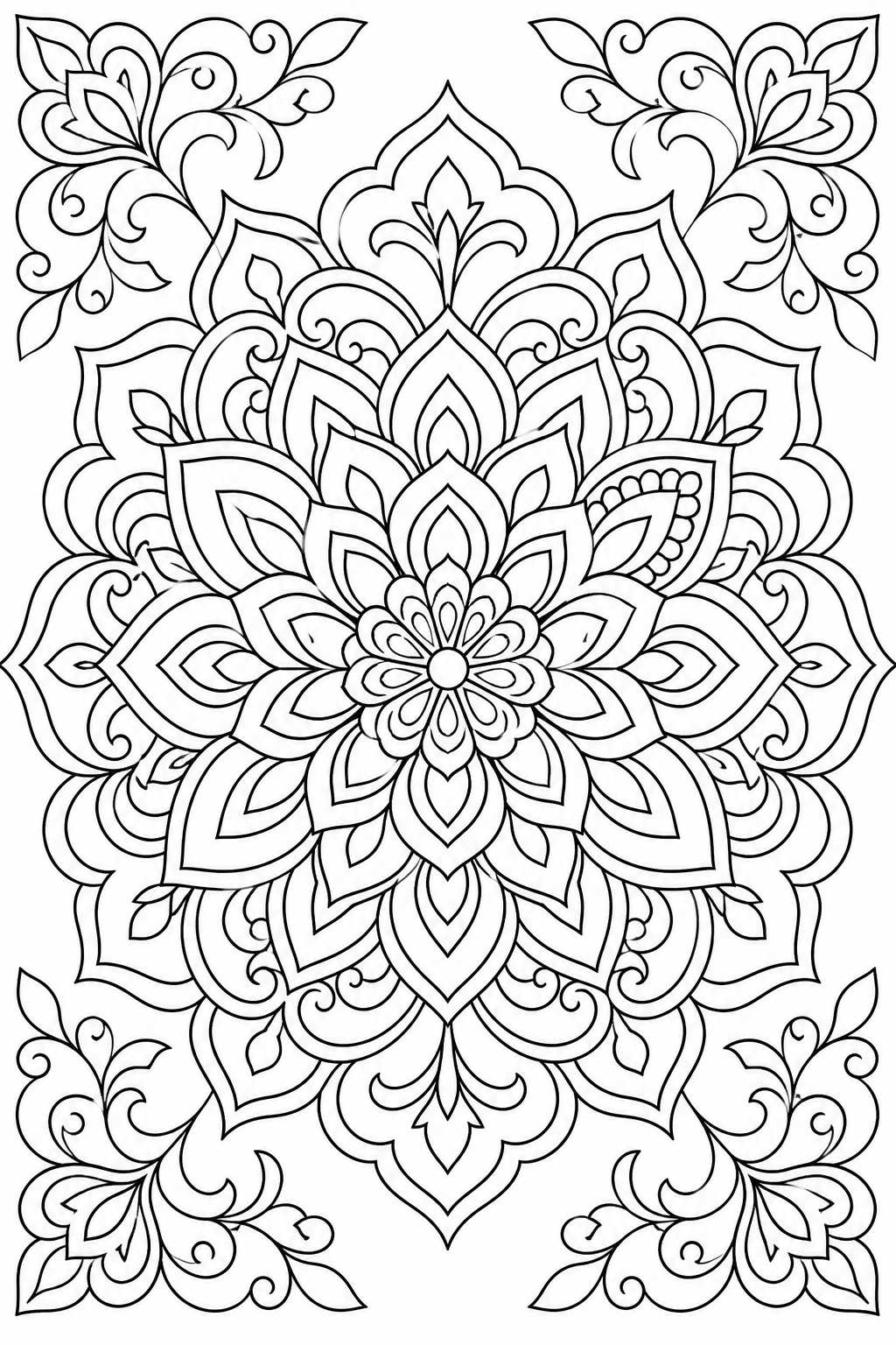 Black-and-white printable coloring page showing a floral mandala in a radial rhythm with one intentional variation.