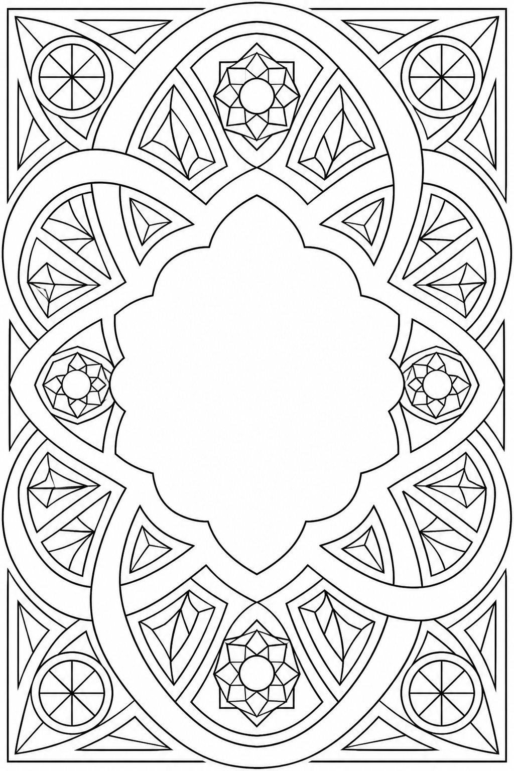 Black-and-white printable coloring page showing a geometric mandala around a calm open center.