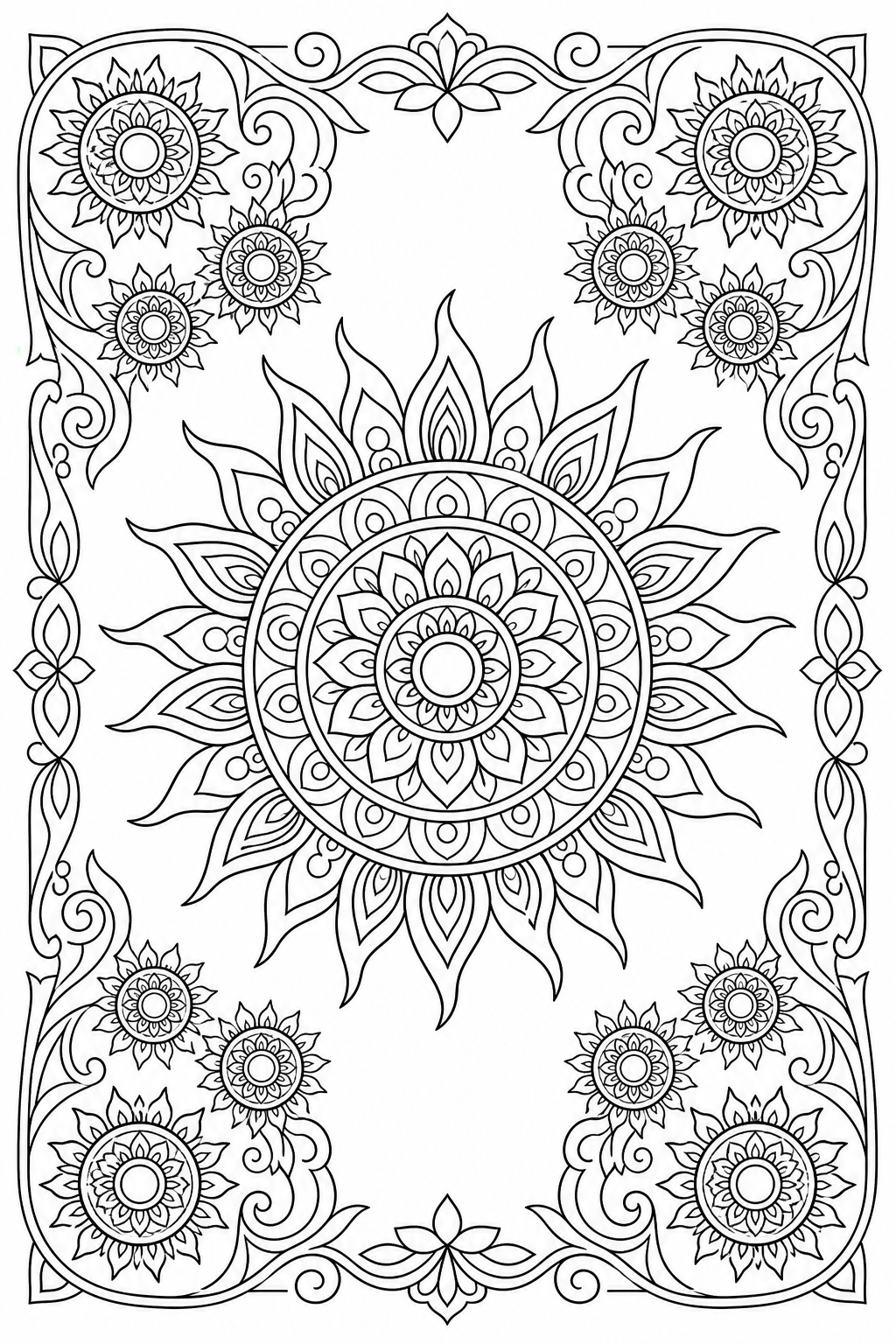 Black-and-white printable coloring page showing a sun mandala repeated in mirrored corner groups.
