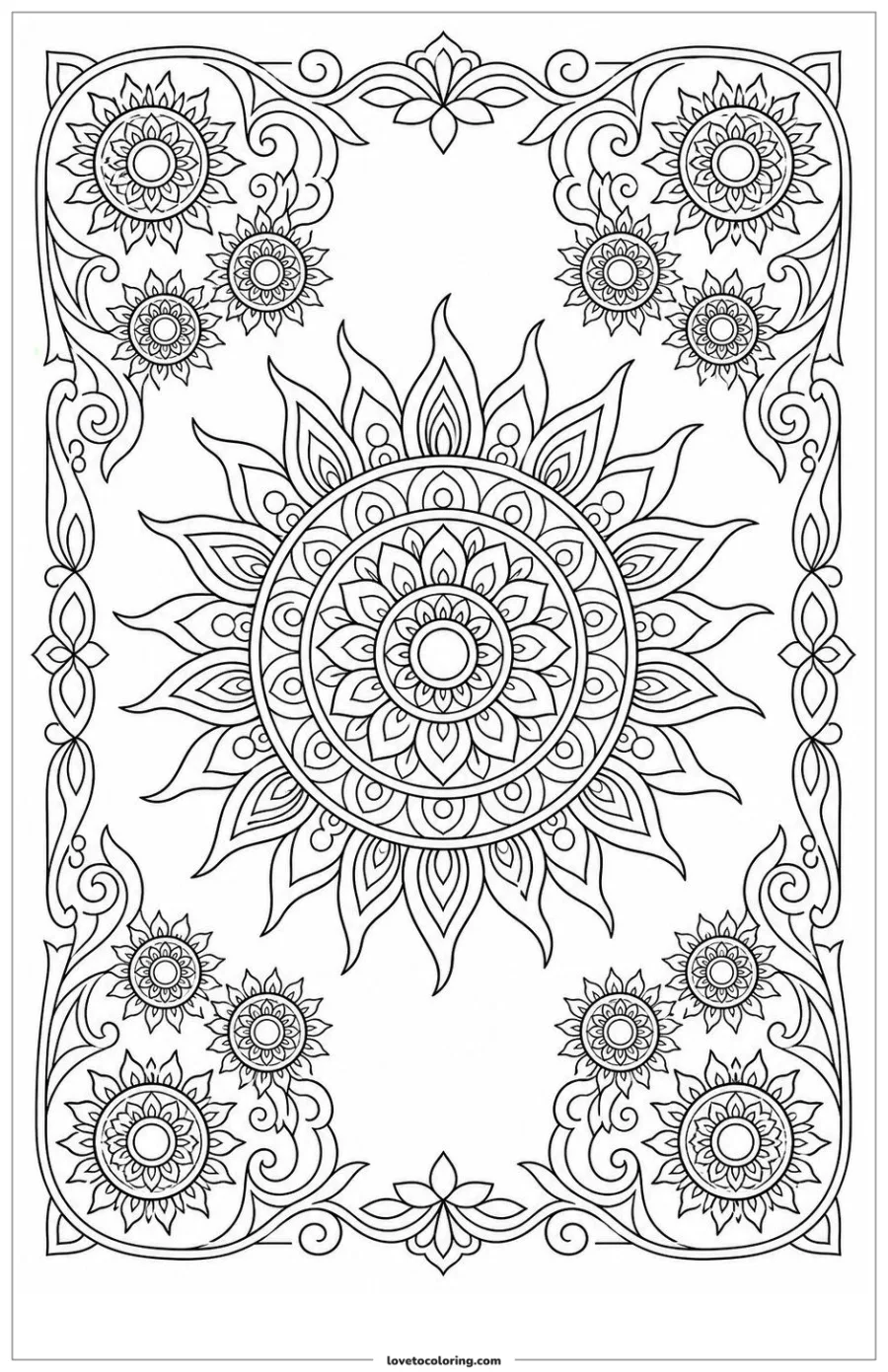 Black-and-white printable coloring page showing a sun mandala repeated in mirrored corner groups.