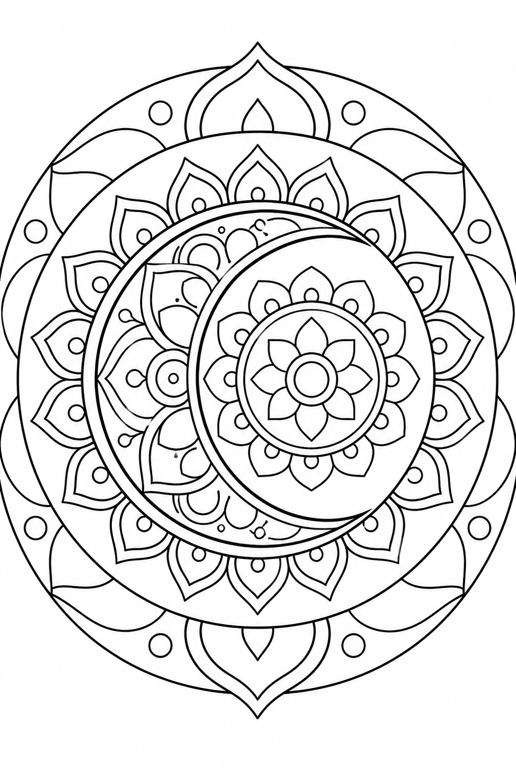 Black-and-white printable coloring page showing a moon mandala layered from large outer forms to smaller inner forms.