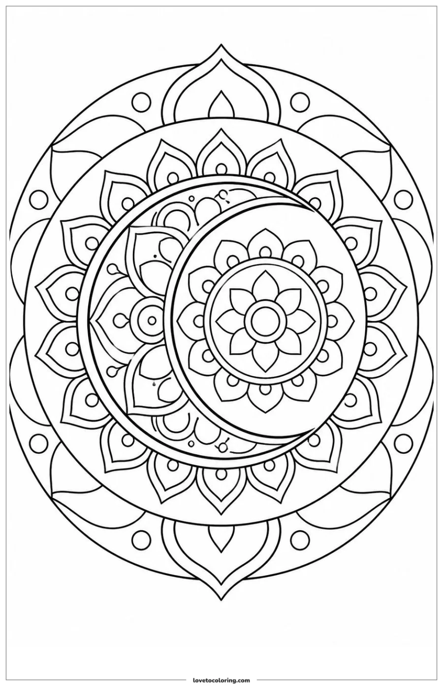 Black-and-white printable coloring page showing a moon mandala layered from large outer forms to smaller inner forms.