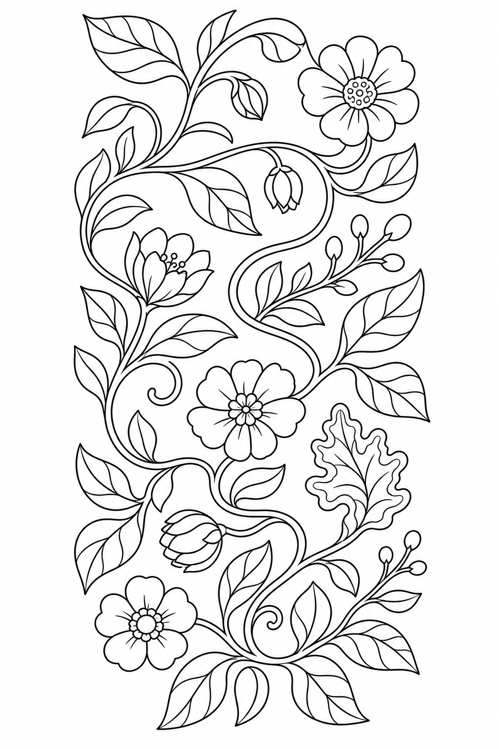 Black-and-white printable coloring page showing a botanical pattern connected through one continuous visual path.