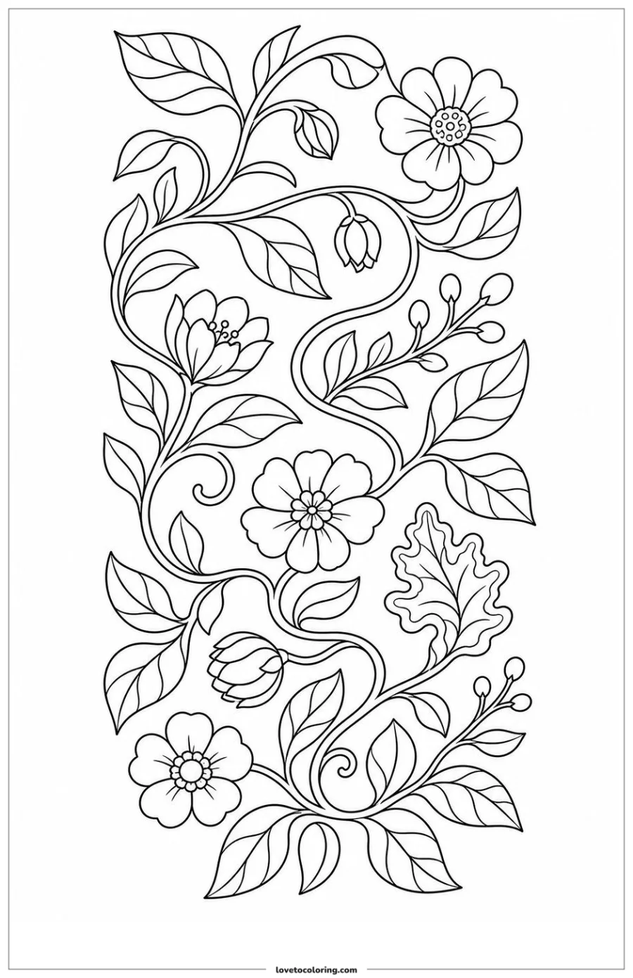 Black-and-white printable coloring page showing a botanical pattern connected through one continuous visual path.