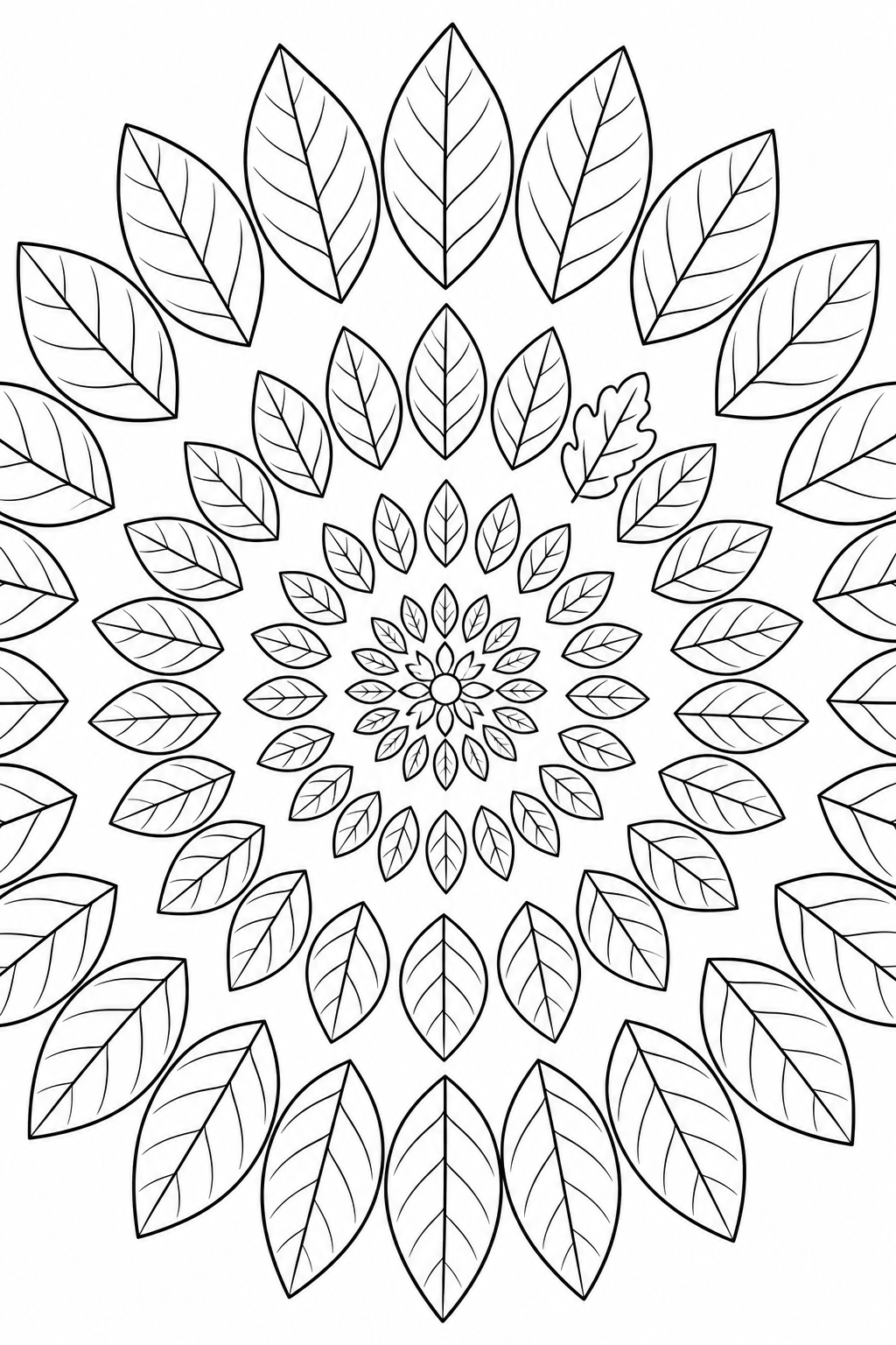 Black-and-white printable coloring page showing a leaf pattern in a radial rhythm with one intentional variation.