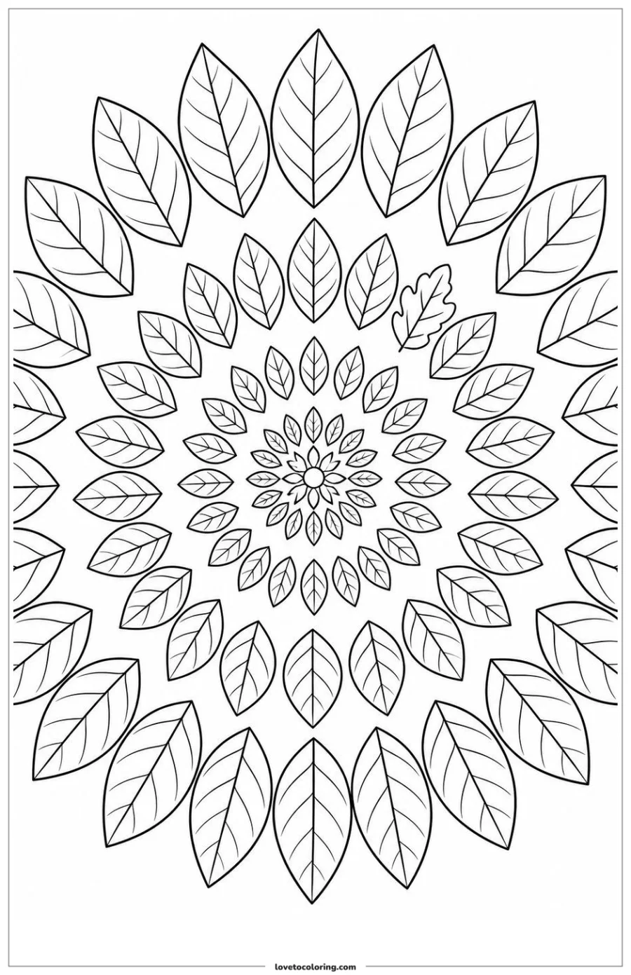 Black-and-white printable coloring page showing a leaf pattern in a radial rhythm with one intentional variation.