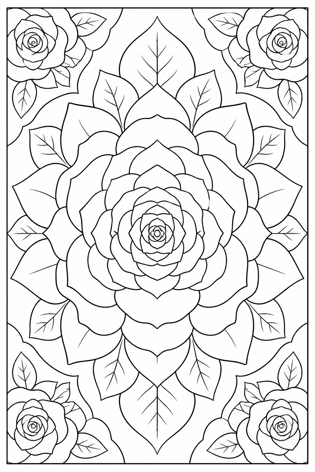 Black-and-white printable coloring page showing a rose pattern layered from large outer forms to smaller inner forms.