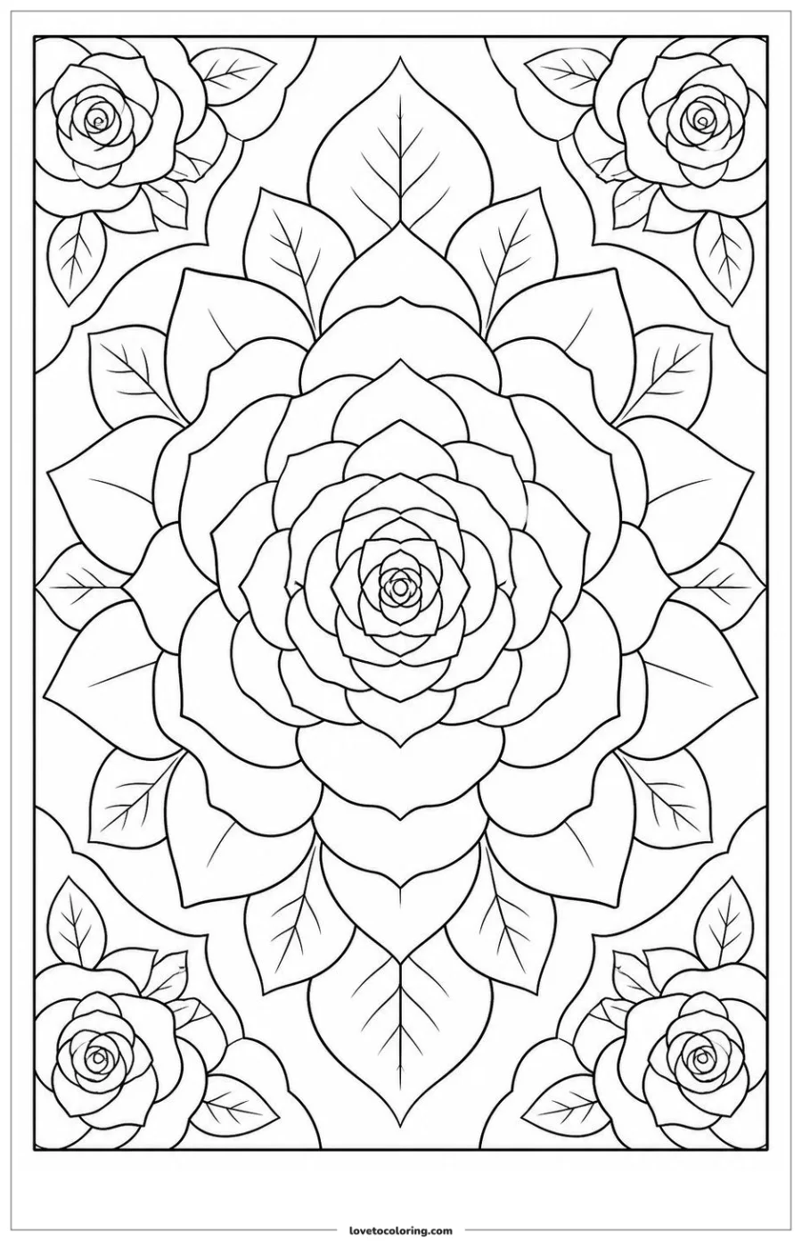 Black-and-white printable coloring page showing a rose pattern layered from large outer forms to smaller inner forms.