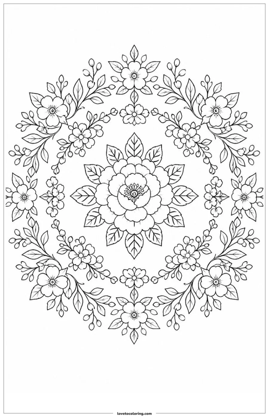 Black-and-white printable coloring page showing a botanical pattern in a radial rhythm with one intentional variation.