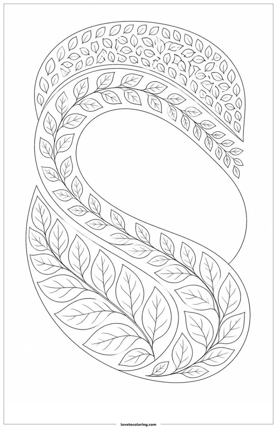 Black-and-white printable coloring page showing a leaf pattern woven through broad flowing bands.