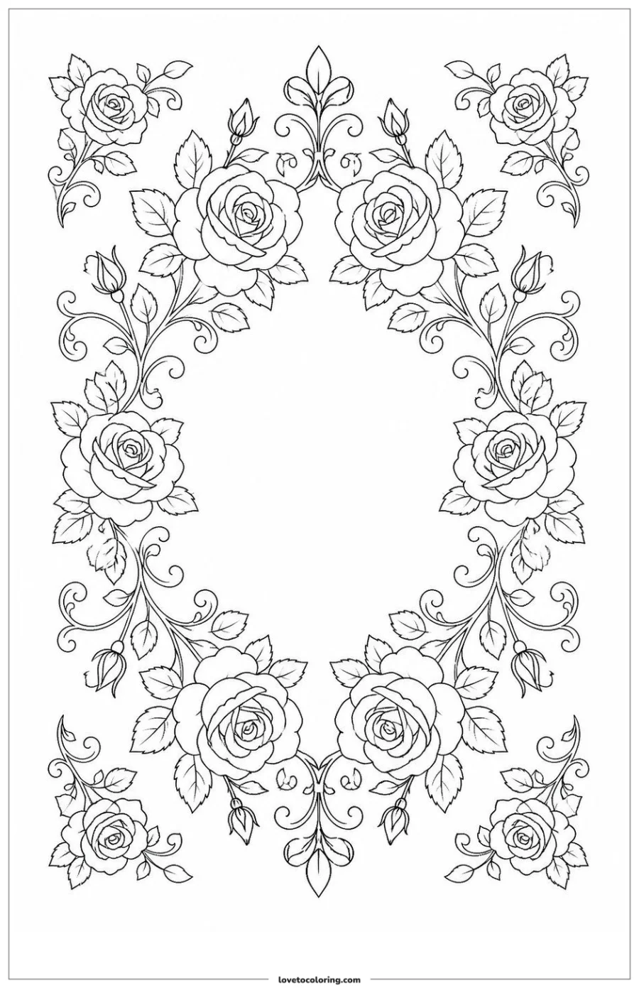 Black-and-white printable coloring page showing a rose pattern balanced across a vertical axis.