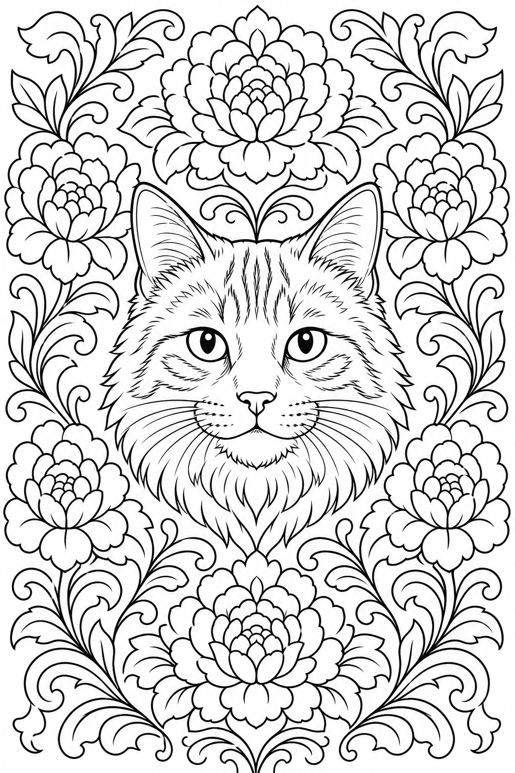 Recognizable cat face surrounded by repeating rosettes and leaf curls.