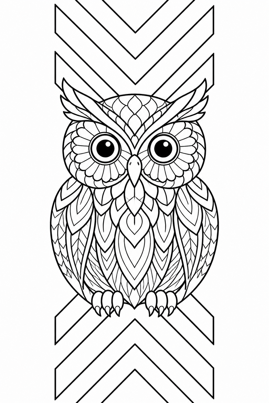 Front-facing owl motif alternating with broad chevrons in a symmetrical panel.