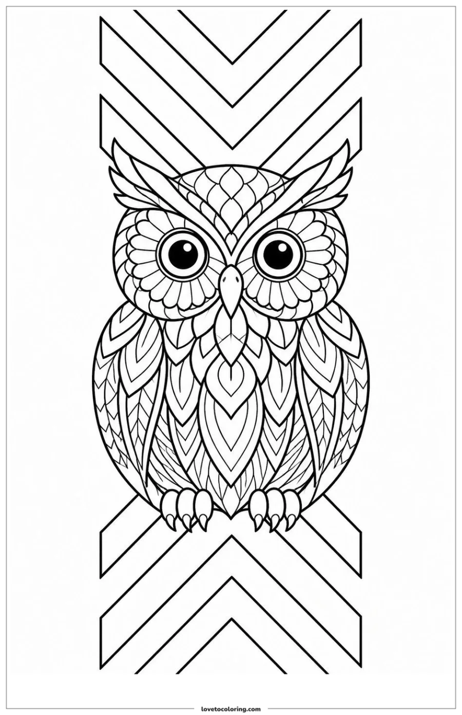 Front-facing owl motif alternating with broad chevrons in a symmetrical panel.