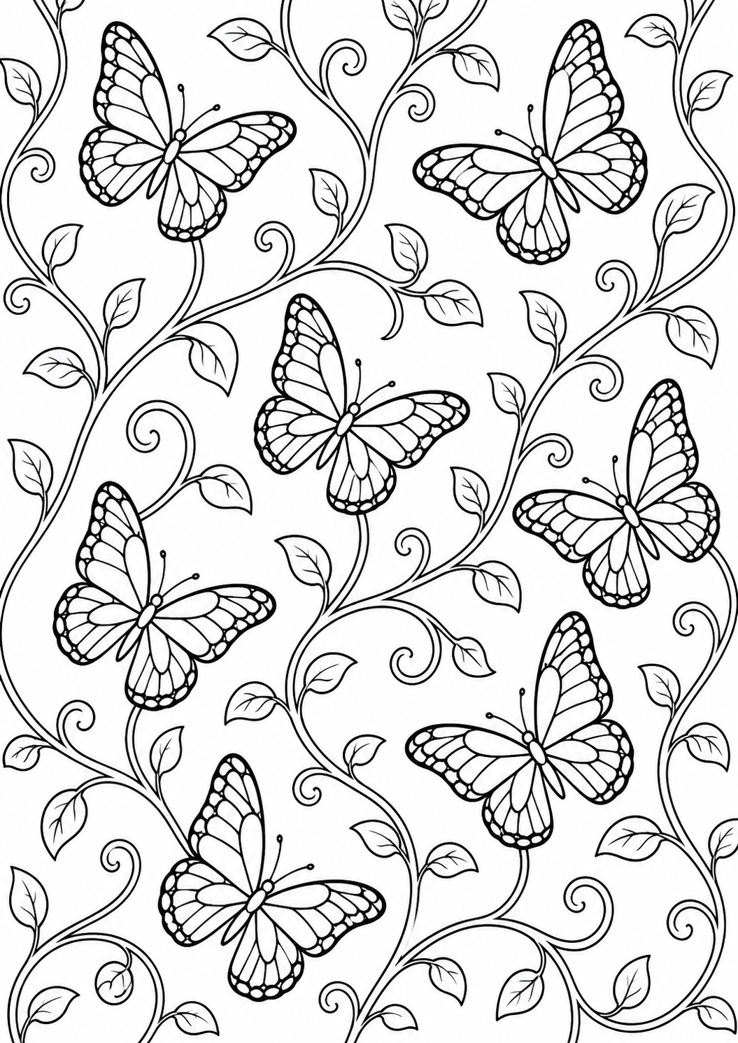 Recognizable butterflies linked by curling vines in a flowing repeat.