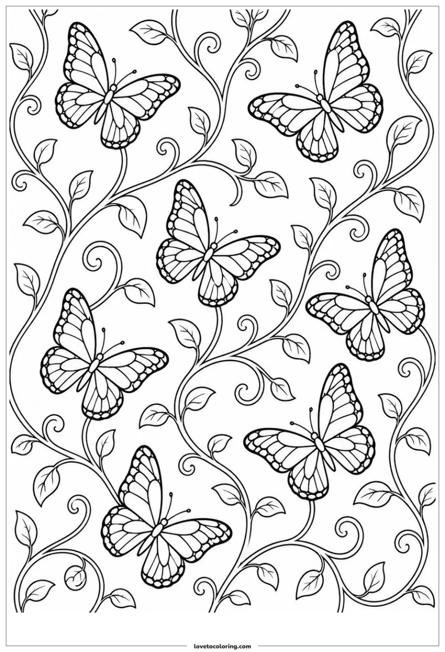 Recognizable butterflies linked by curling vines in a flowing repeat.