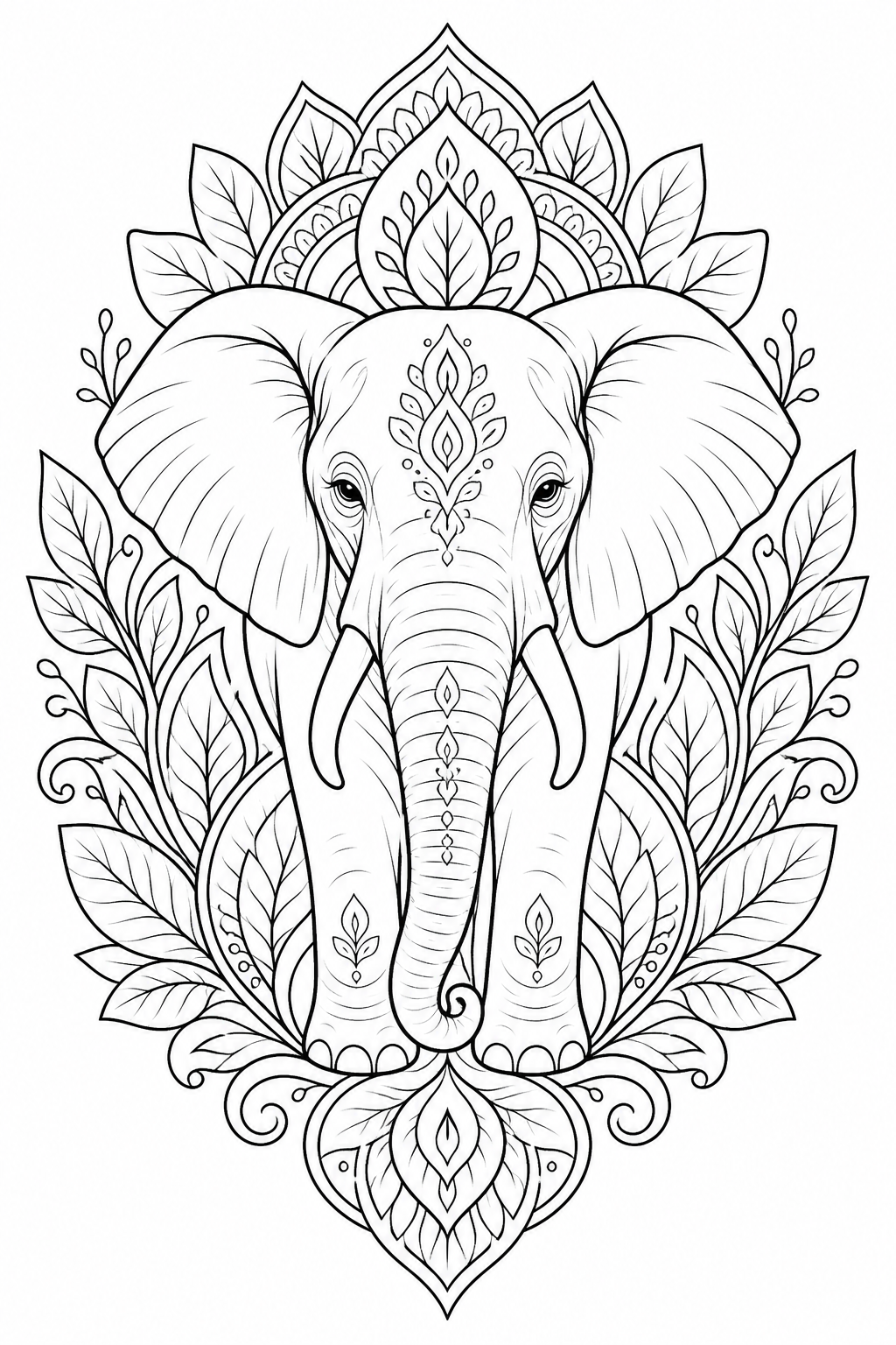 Front-facing elephant framed by mirrored leaves in a symmetrical mandala.