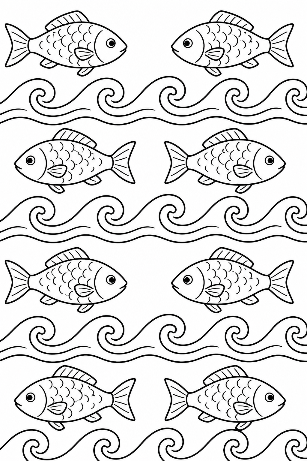 Recognizable fish alternating with curling wave bands in a repeating panel.