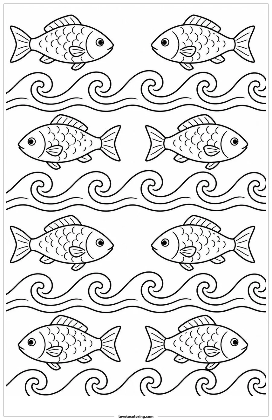 Recognizable fish alternating with curling wave bands in a repeating panel.