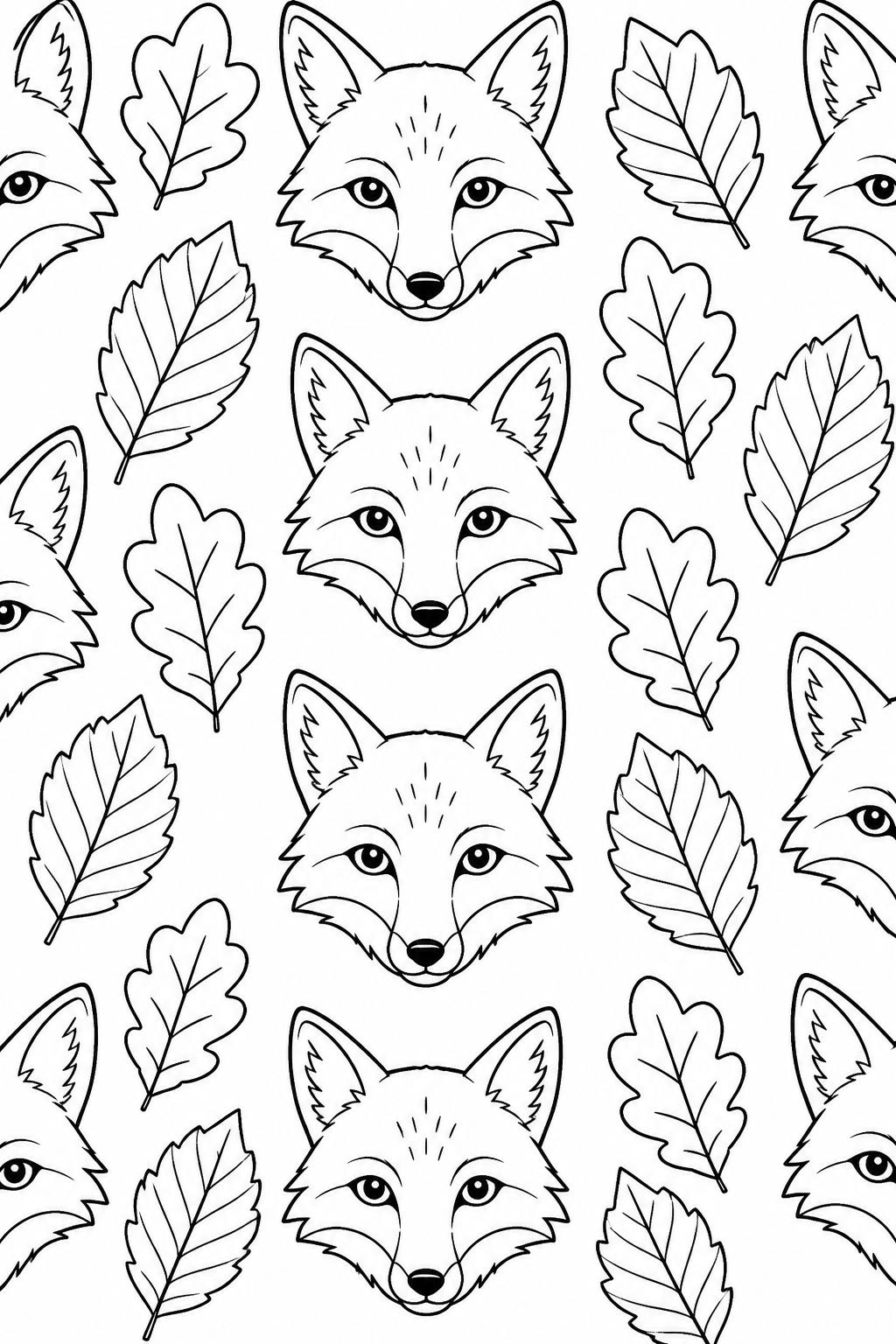 Recognizable fox faces alternating with broad leaves in a woodland pattern.