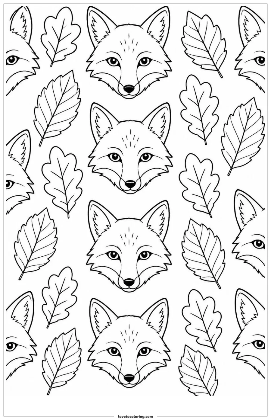 Recognizable fox faces alternating with broad leaves in a woodland pattern.