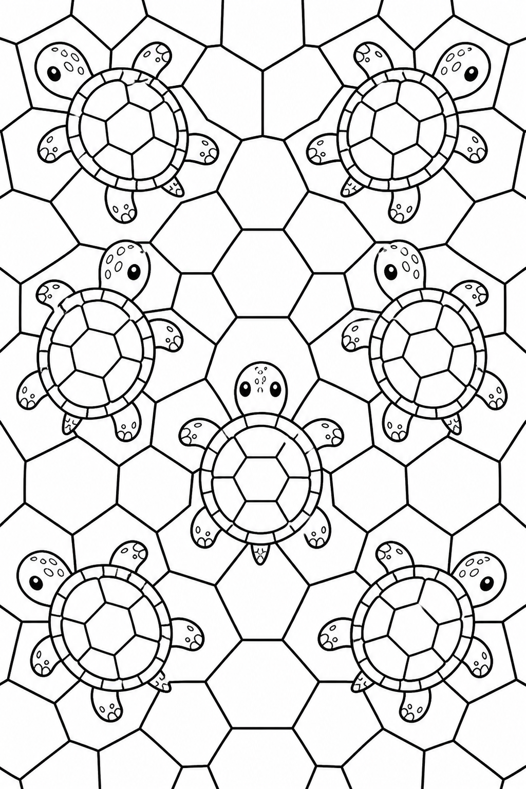 Recognizable turtles arranged around repeating shell-like polygons.