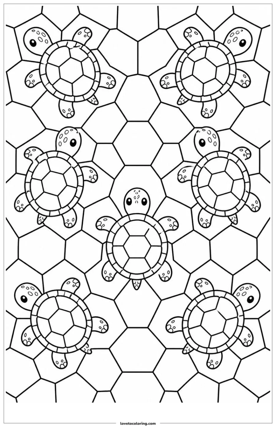 Recognizable turtles arranged around repeating shell-like polygons.