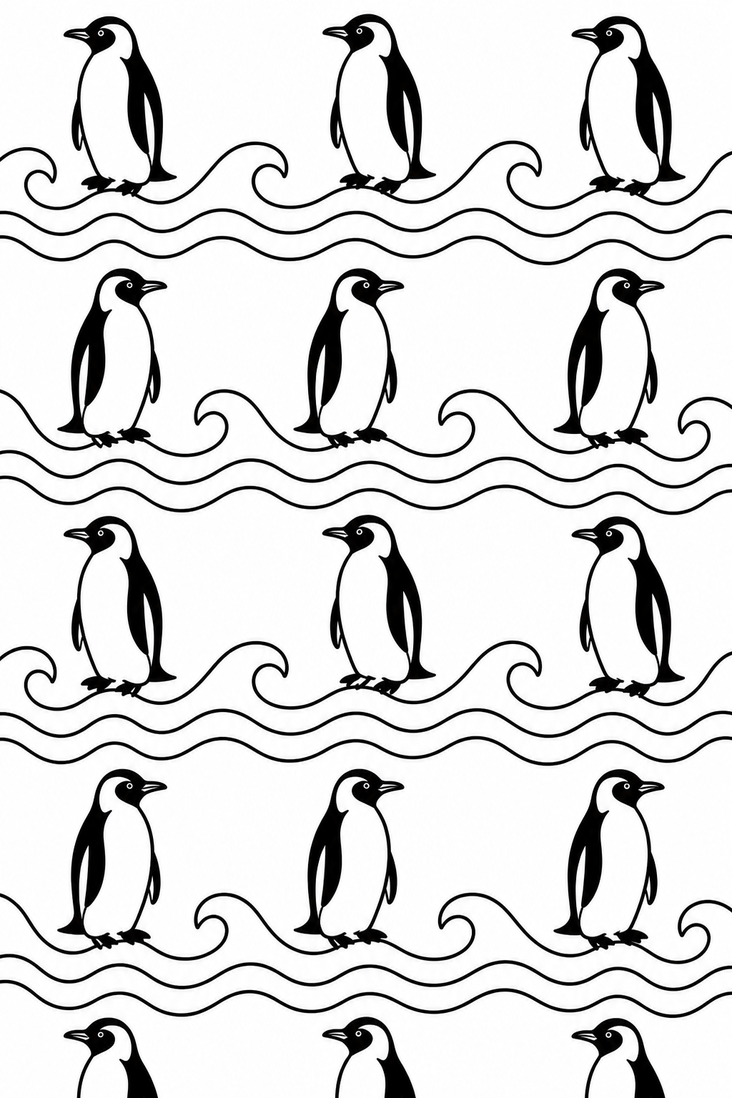 Recognizable penguins alternating with rounded wave bands.