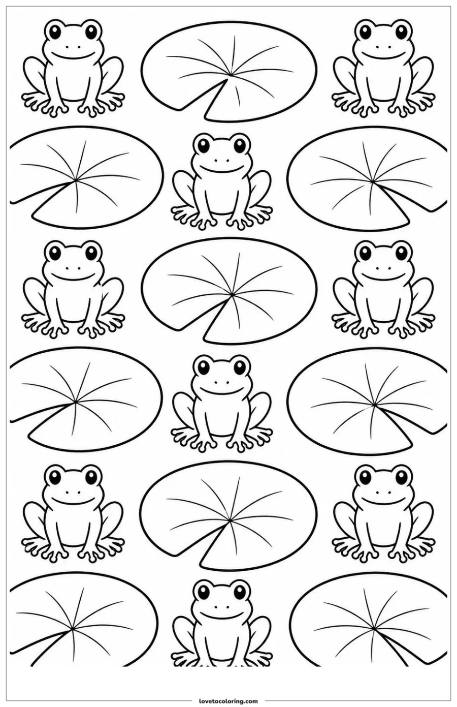 Recognizable frogs alternating with large lily pads in a pond pattern.