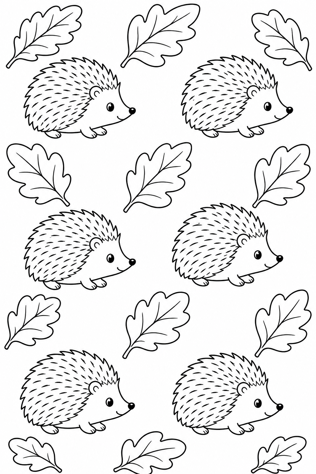 Recognizable hedgehogs alternating with broad leaves in an open woodland pattern.