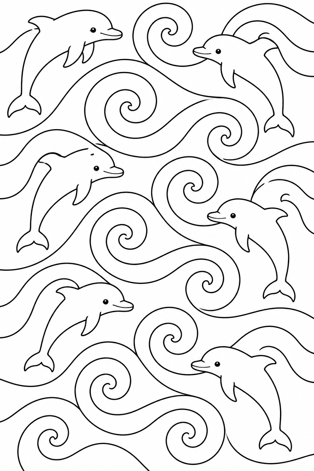 Recognizable dolphins alternating with broad spirals in an open aquatic pattern.