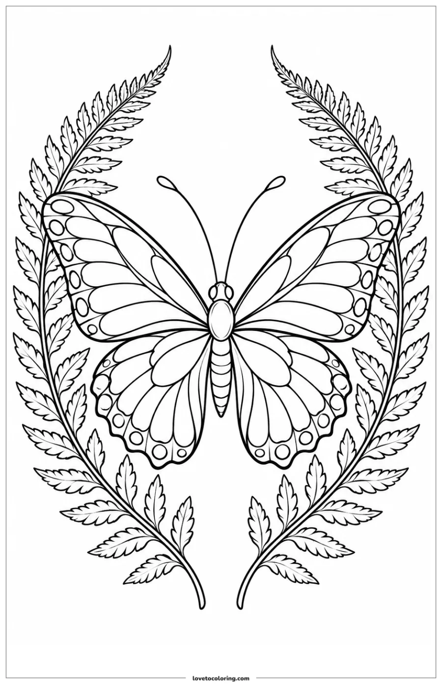 Mariposa simétrica en blanco y negro con alas decoradas entre dos frondas de helecho.