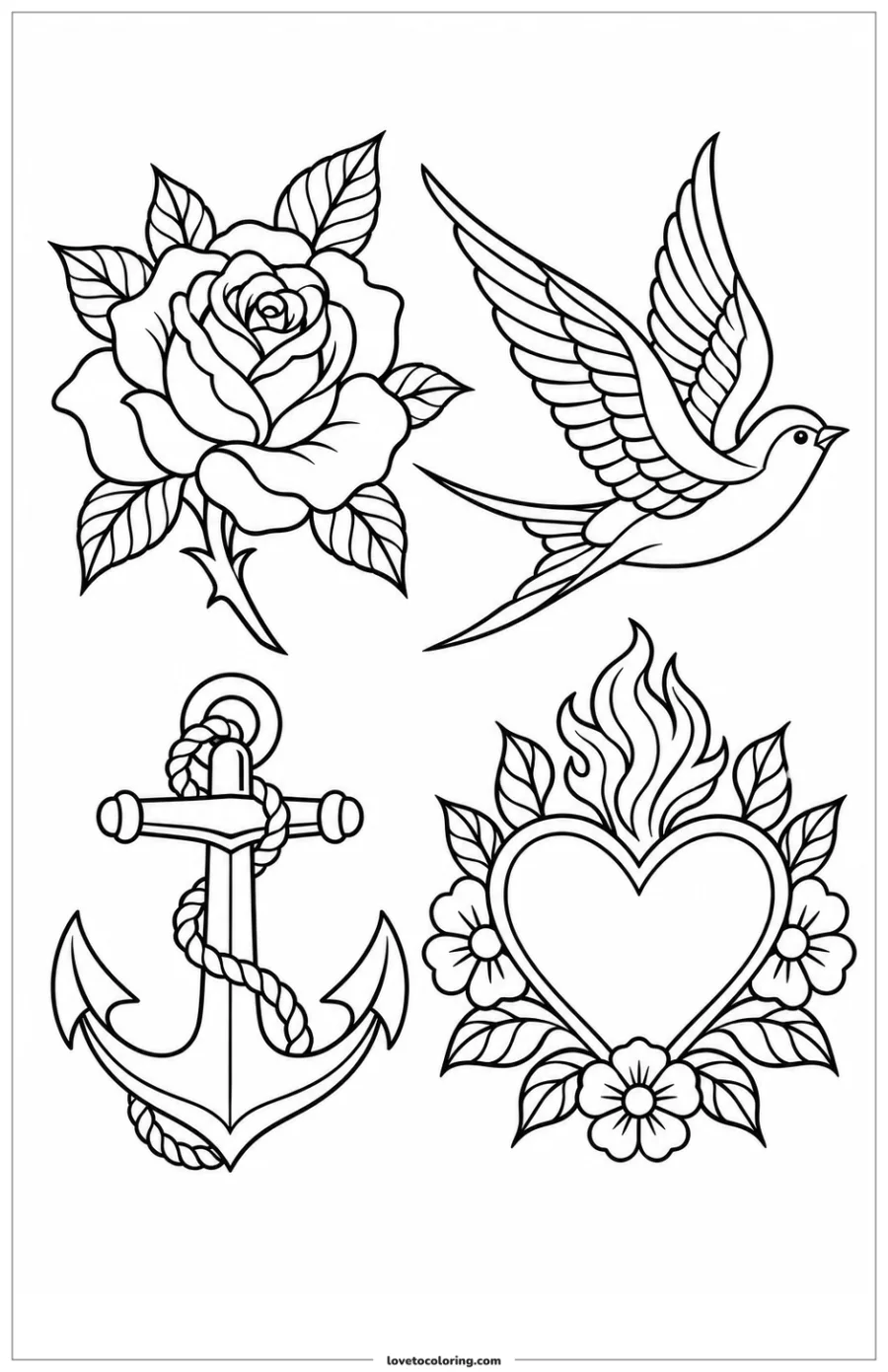 Cuatro motivos de tatuaje separados en dos filas: rosa, golondrina, ancla y corazón decorado.
