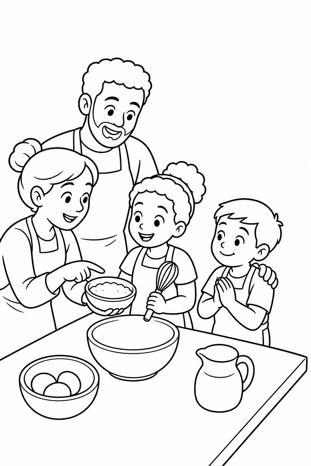 Black-and-white printable coloring page of two adults and two children preparing food together with a mixing bowl and whisk.
