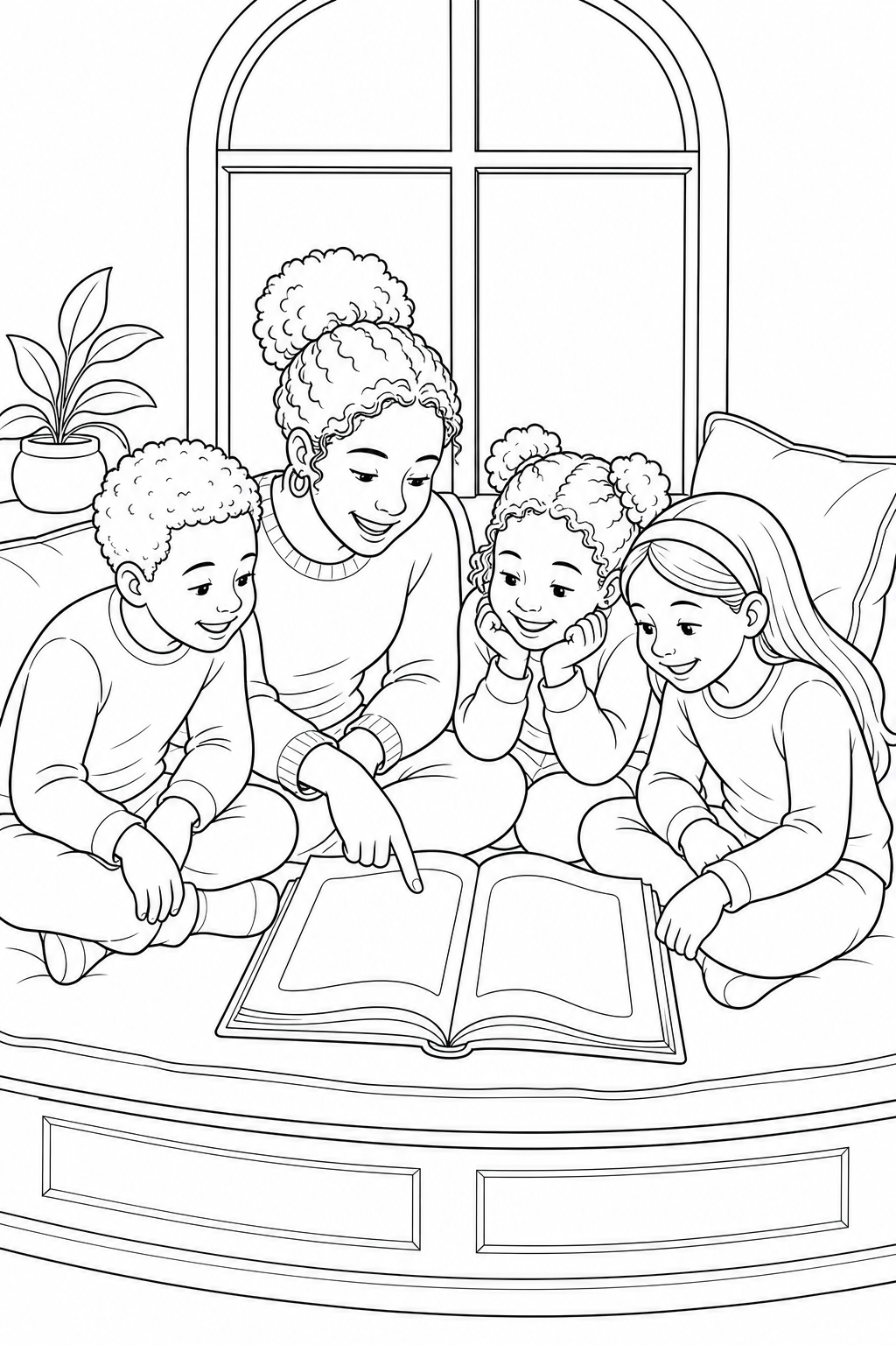 Black-and-white printable coloring page showing a family reading together.