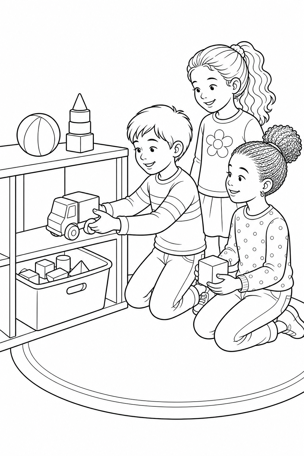 Black-and-white printable coloring page showing a friends sharing toys placing the final item where it belongs.