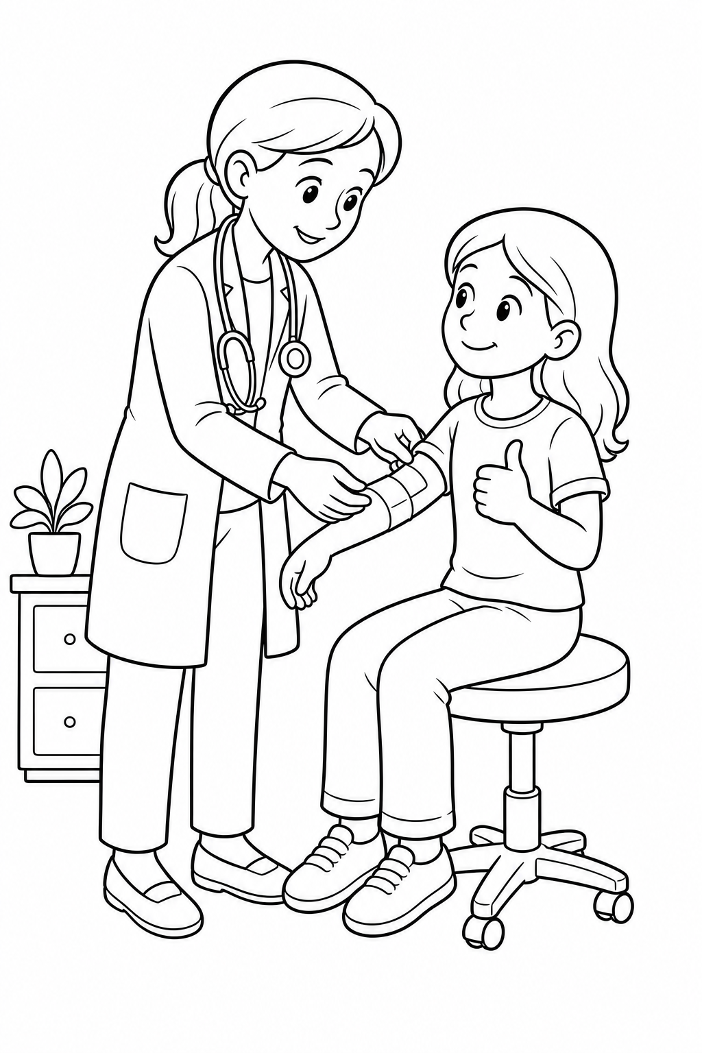 Black-and-white printable coloring page showing a doctor helping a patient solving a problem.