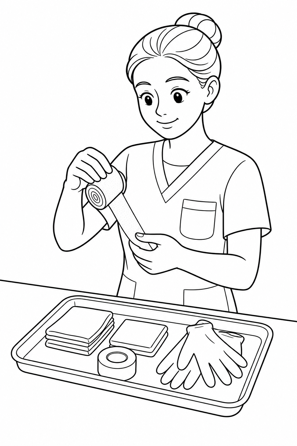 Black-and-white printable coloring page showing a nurse preparing supplies showing how one safe tool is used.