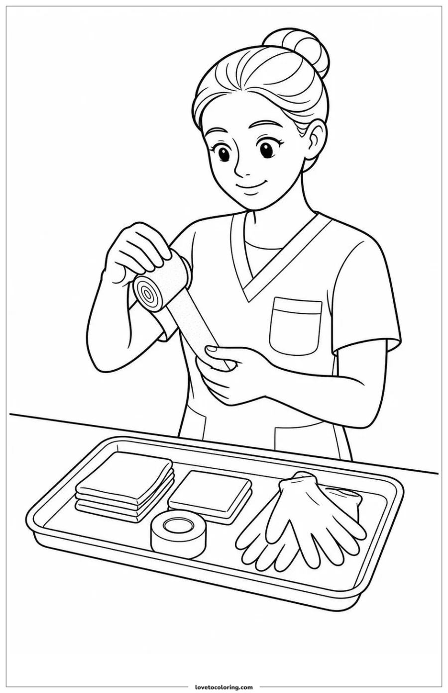 Black-and-white printable coloring page showing a nurse preparing supplies showing how one safe tool is used.