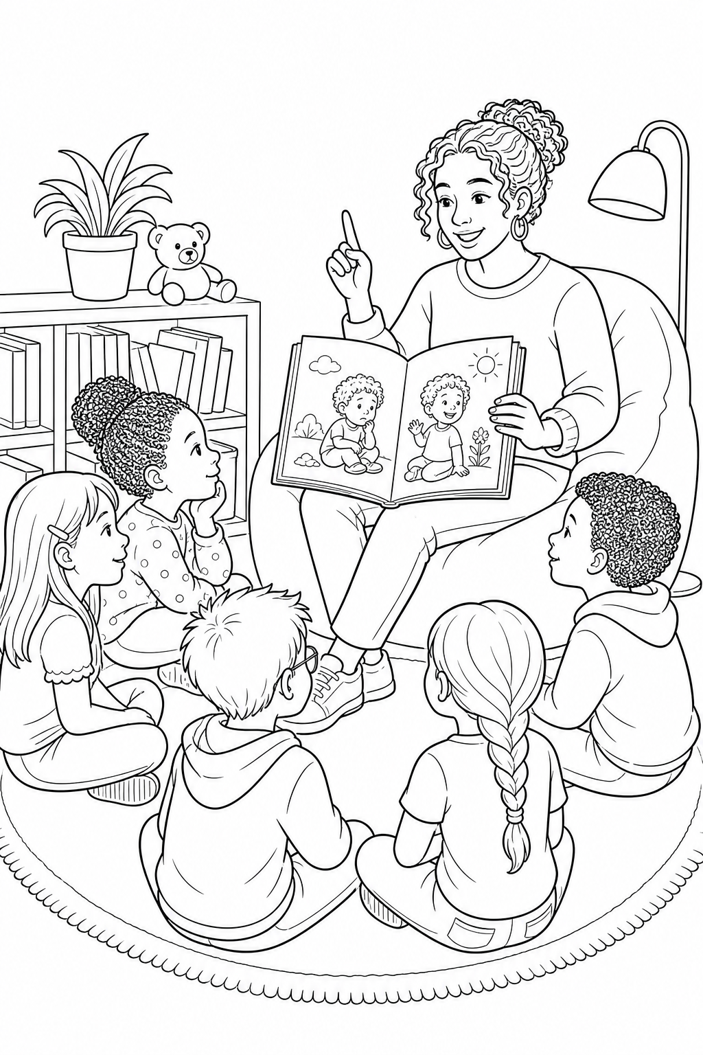 Black-and-white printable coloring page showing a teacher reading a story solving a problem.