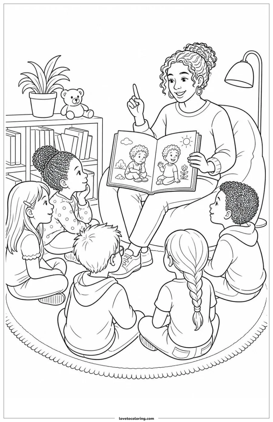 Dibujo para colorear de teacher reading story solving a problem