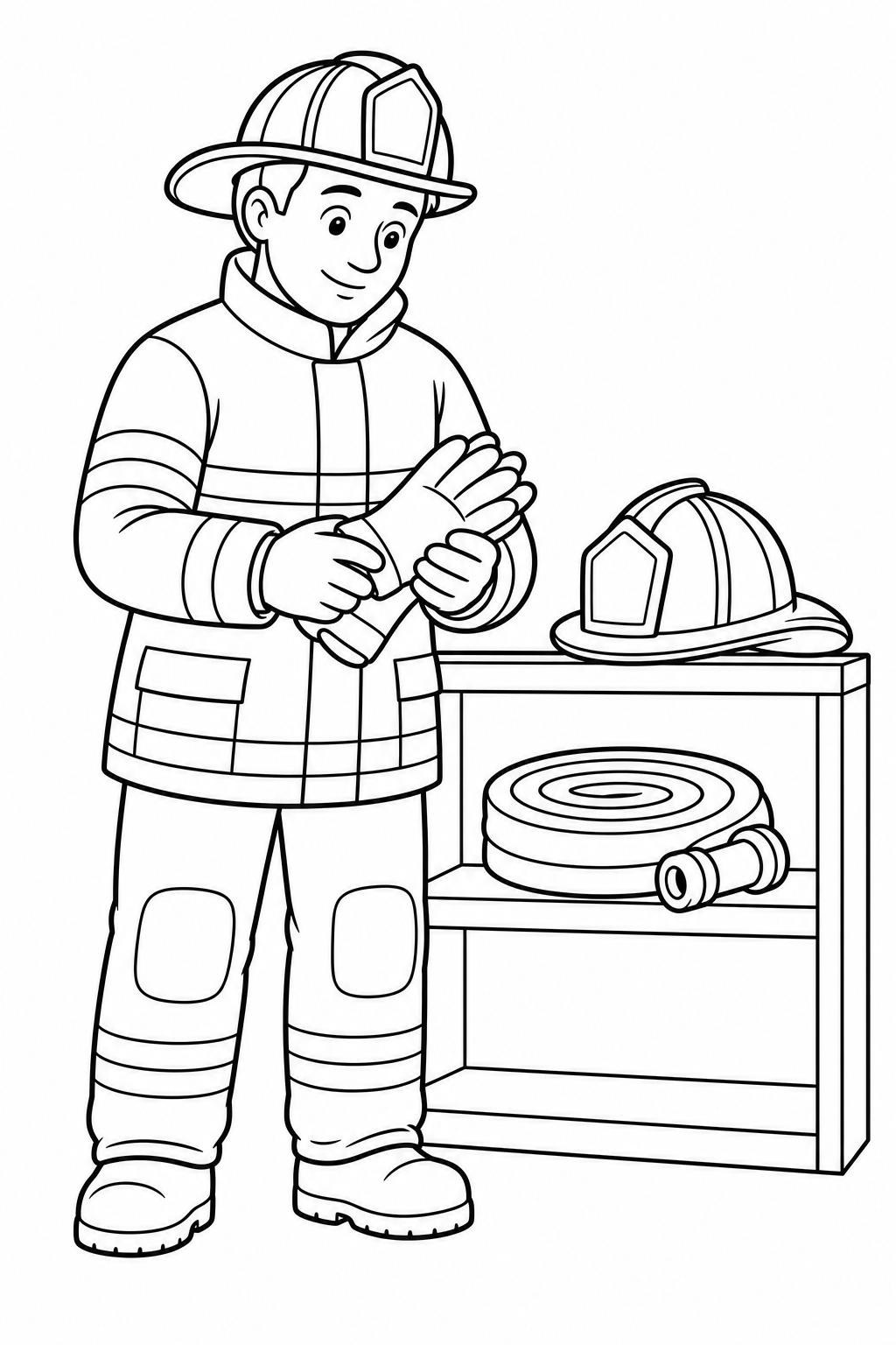 Black-and-white printable coloring page showing a firefighter checking equipment finishing the job.
