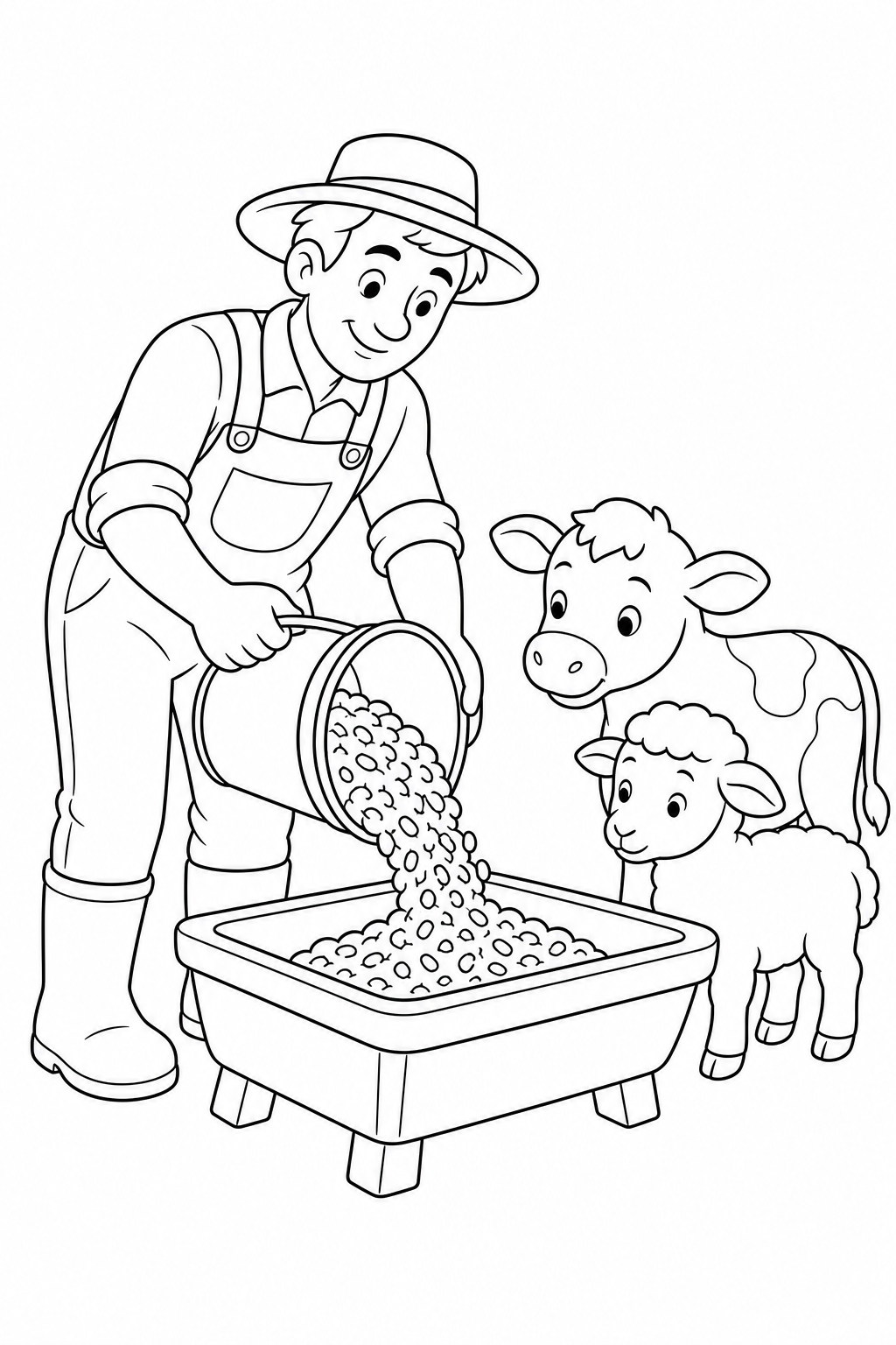 Black-and-white printable coloring page showing a farmer feeding the animals.